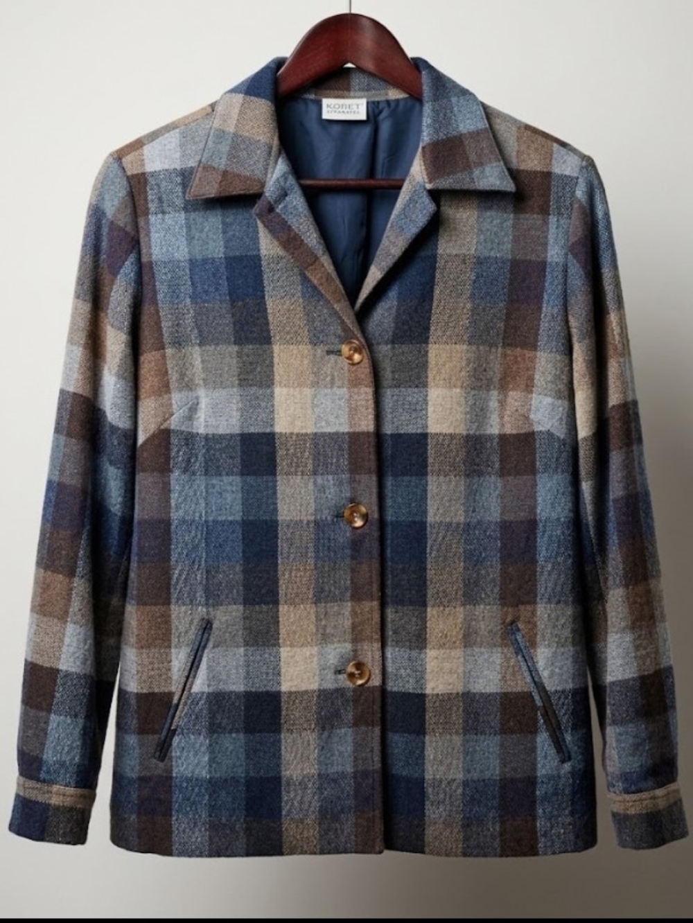 Koret Vintage 80's Blue & Brown Plaid Button-Front Wool Shacket (Sz 10) Comfy